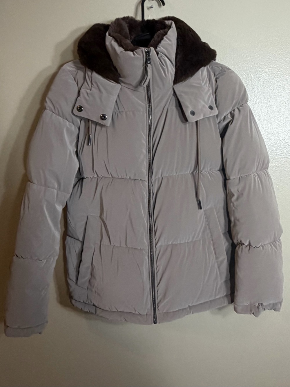 Calvin Klein Women’s Small Puffer Coat Sorona Aura Faux Fur Hood Taupe Jacket